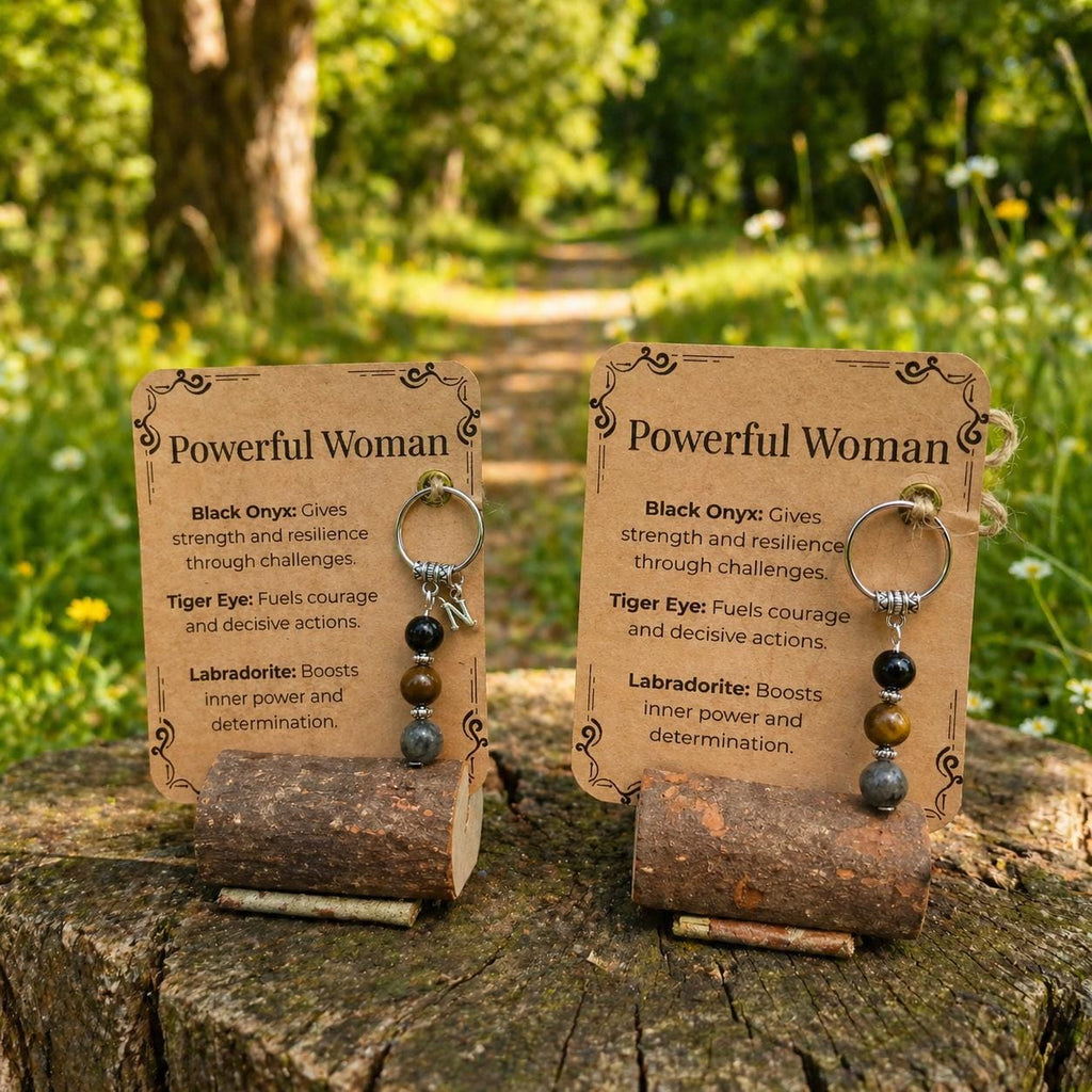 Personalised Powerful Woman Crystal Keyring gift for her Black Onyx, Tiger Eye, Labradorite Keepsake