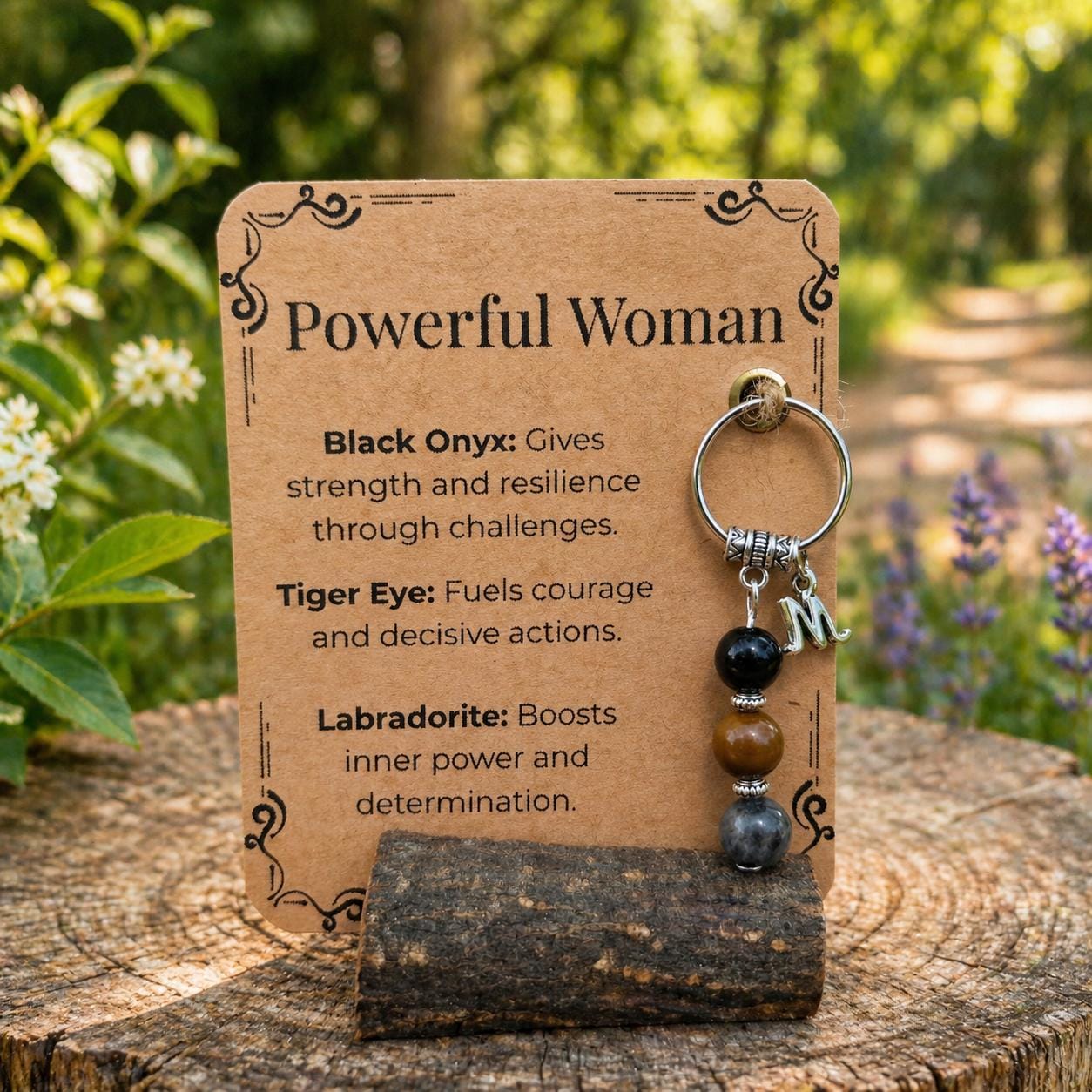 Personalised Powerful Woman Crystal Keyring gift for her Black Onyx, Tiger Eye, Labradorite Keepsake