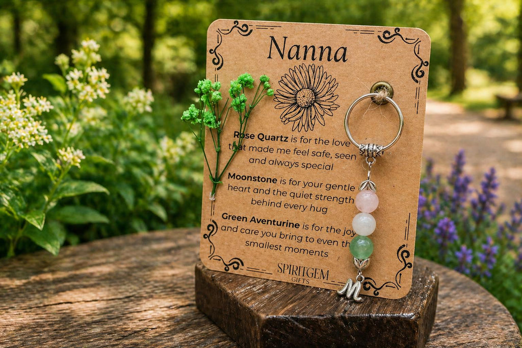 Personalised Nanna Keepsake: Rose Quartz, Moonstone, Aventurine Gemstone Keychain