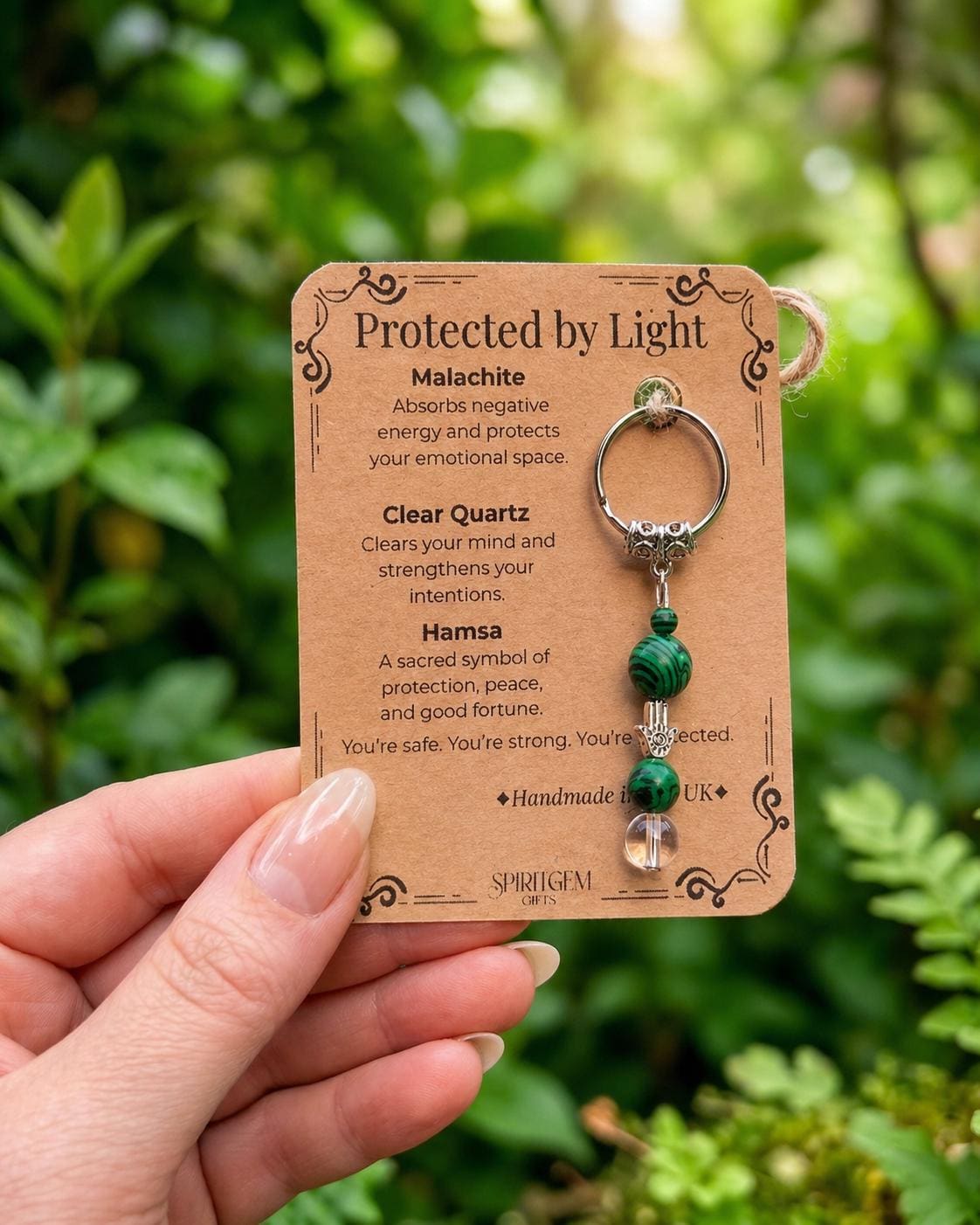 Personalised Anxiety Relief Gift Malachite Clear Quartz Hamsa Keyring, , UK Handmade