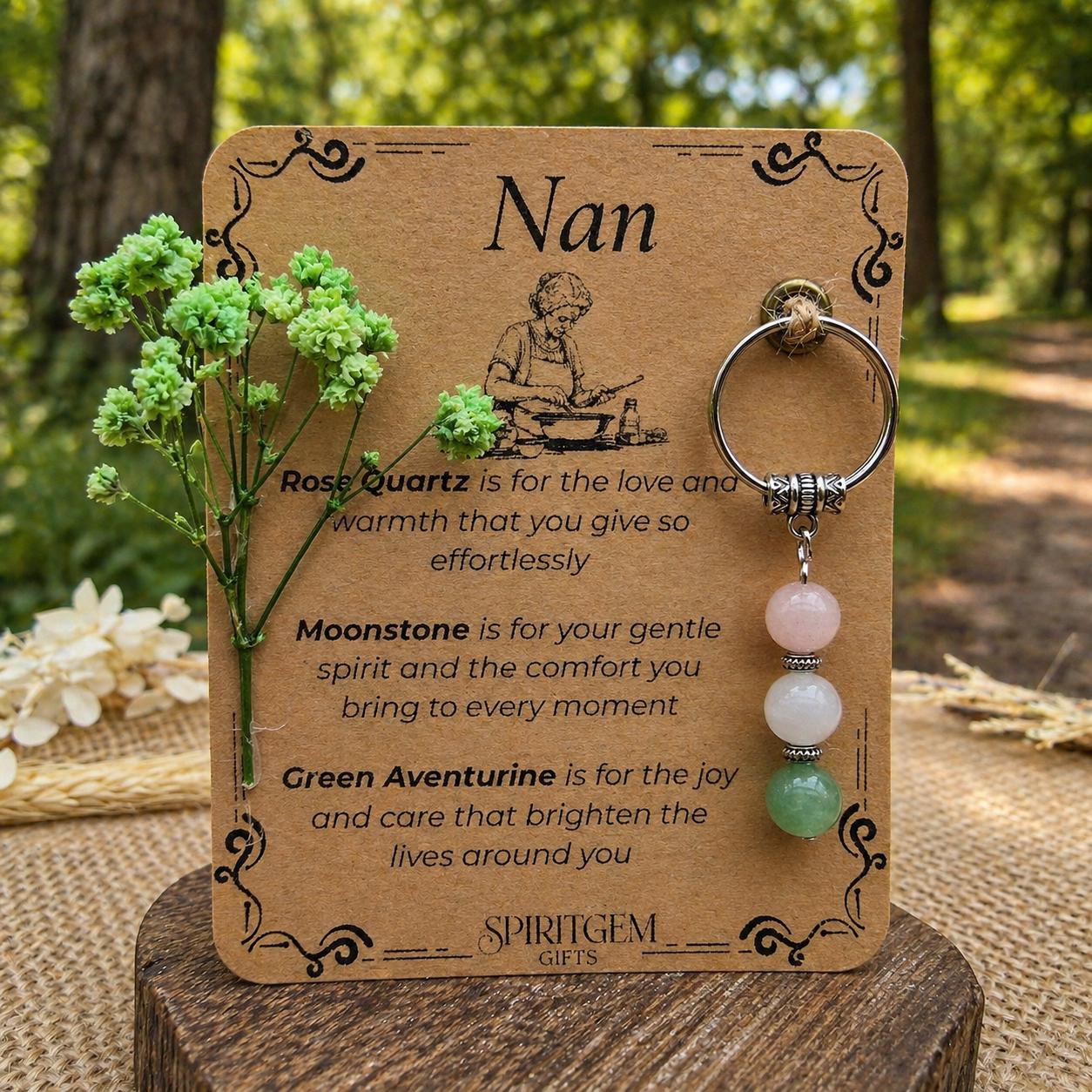 Personalised Nan Keepsake: Rose Quartz, Moonstone, Aventurine Gemstone Charm