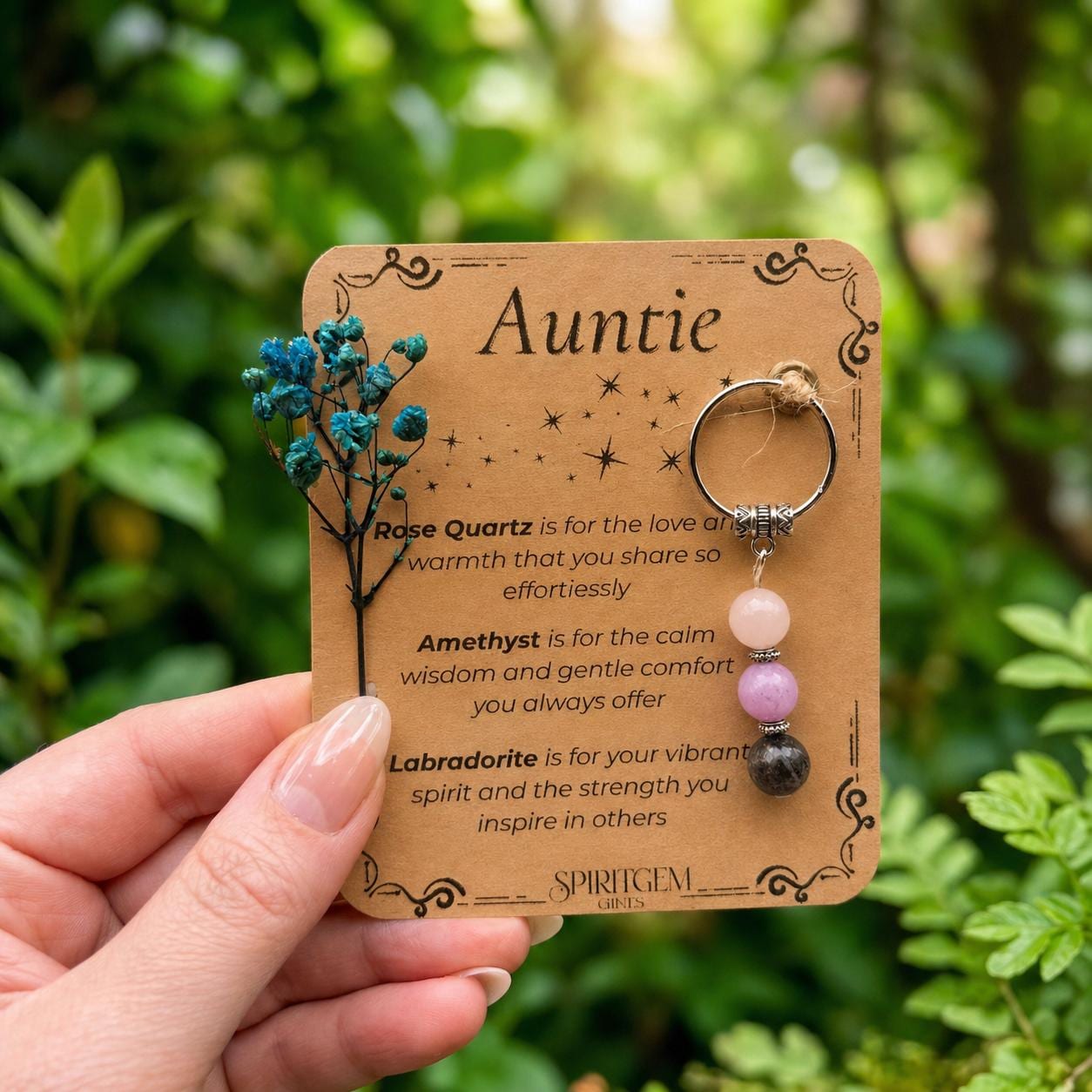 PERSONALISED AUNTIE crystal keyring gift with message card. Gemstone gift for aunt . Auntie Keepsake  Best Auntie. Birthday. New Aunts gift