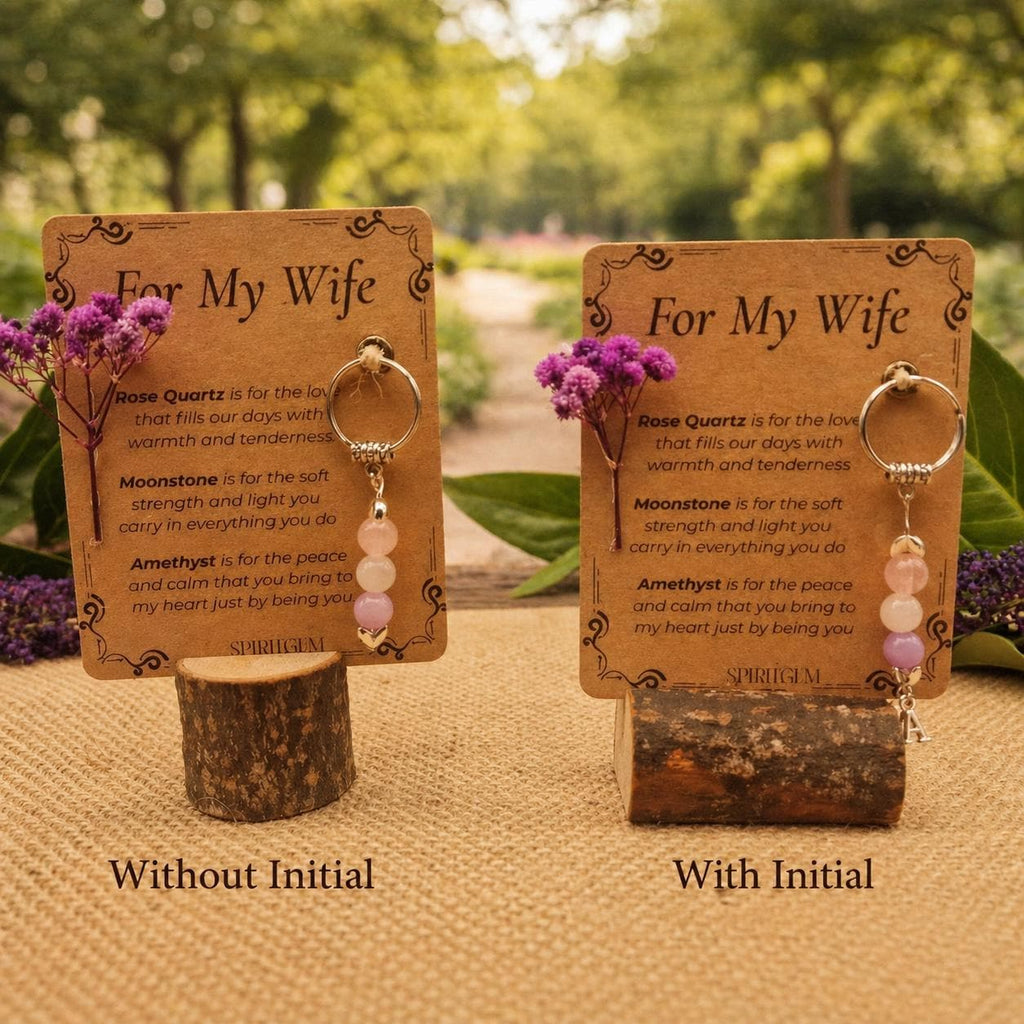 Personalised Wife Keyring, Rose Quartz Moonstone Amethyst Gemstone Charm