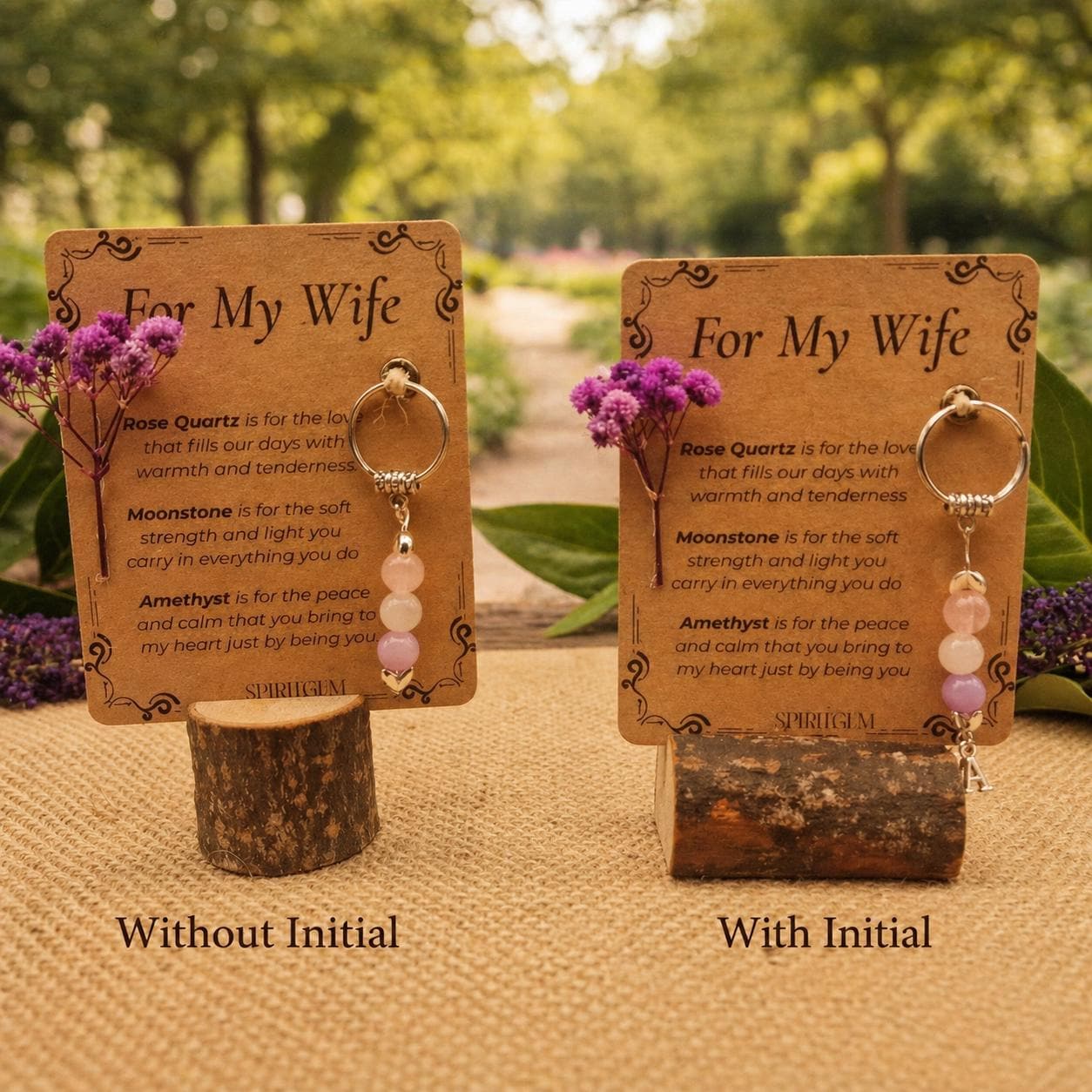 Personalised Wife Keyring, Rose Quartz Moonstone Amethyst Gemstone Charm