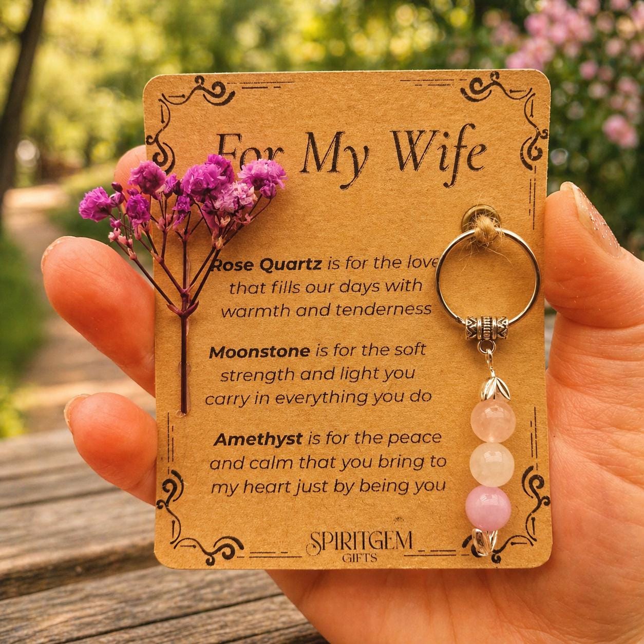 Personalised Wife Keyring, Rose Quartz Moonstone Amethyst Gemstone Charm