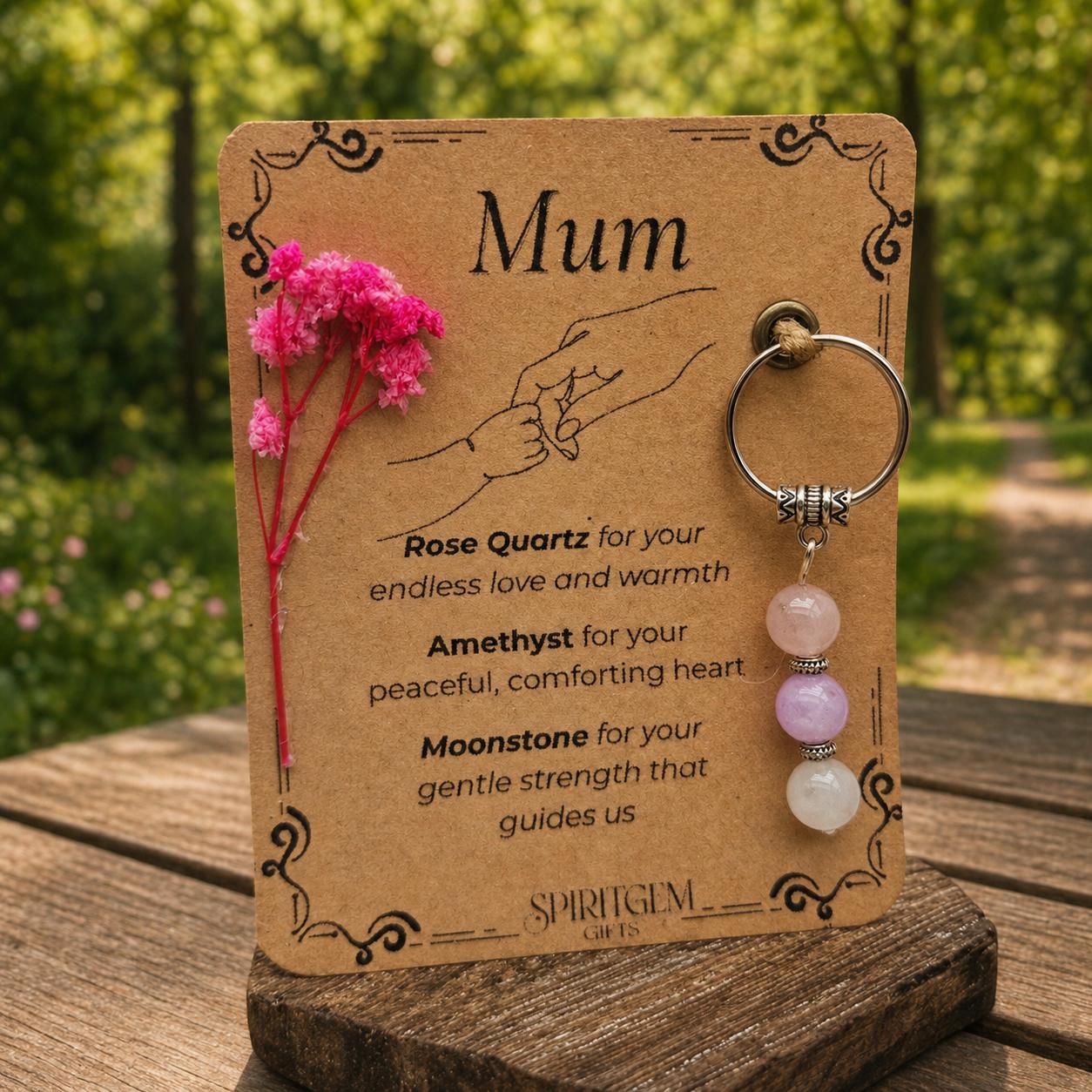 Personalised Mum Gemstone Keepsake: Rose Quartz, Amethyst, Moonstone (UK Handmade)