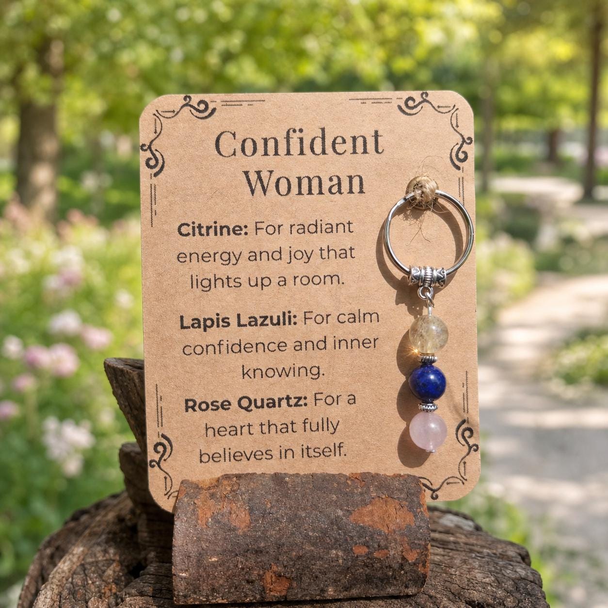 Confident Woman Crystal Keyring: Citrine, Lapis Lazuli, Rose Quartz – Handmade Empowerment Gift