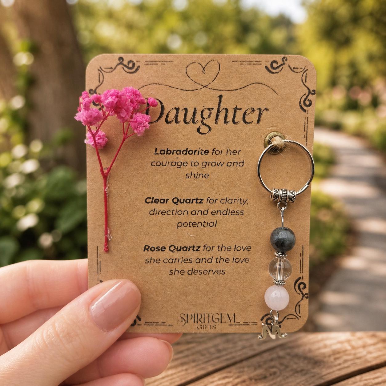 Personalised Daughter Keepsake: Labradorite, Clear Quartz, Rose Quartz Gemstone Charm