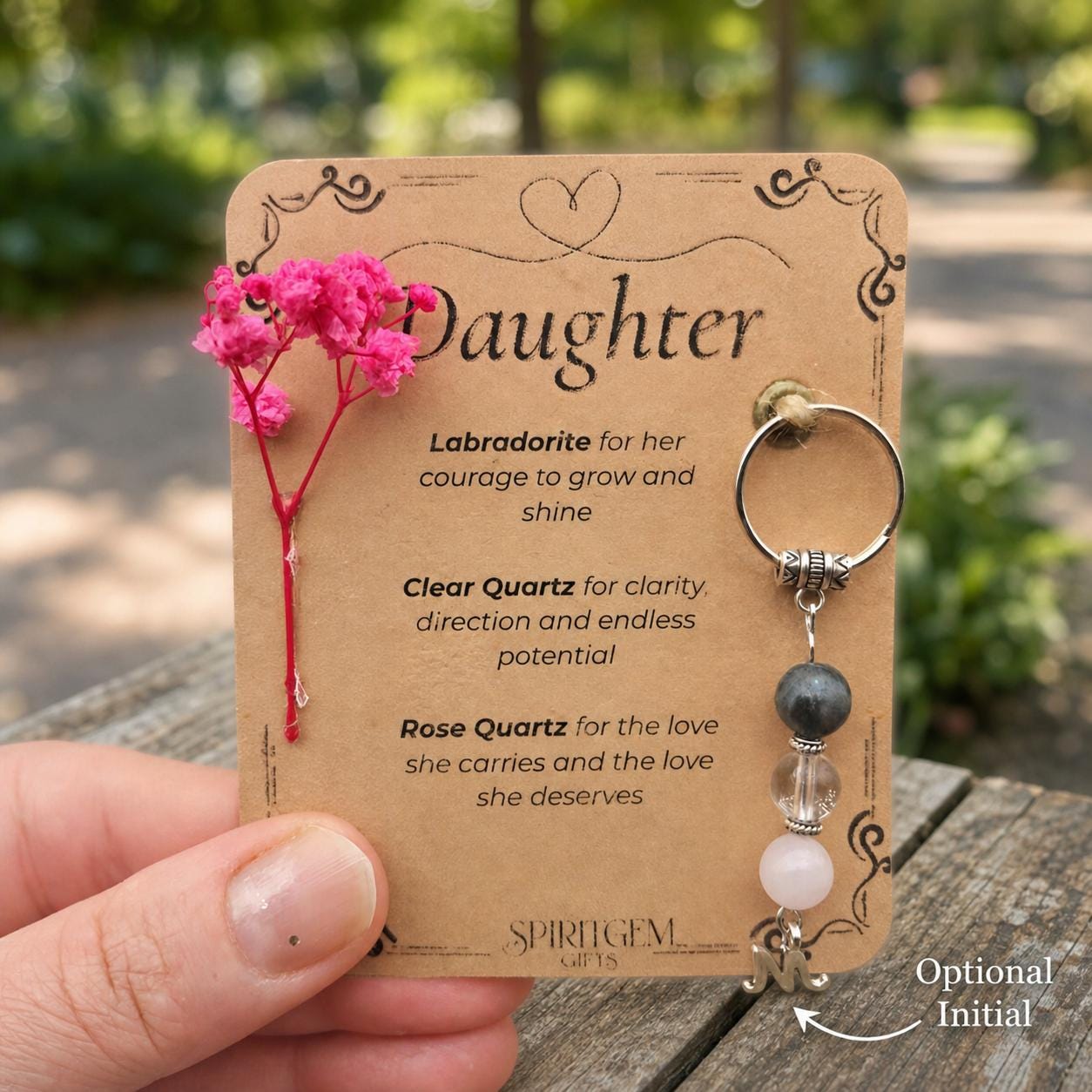 Personalised Daughter Keepsake: Labradorite, Clear Quartz, Rose Quartz Gemstone Charm