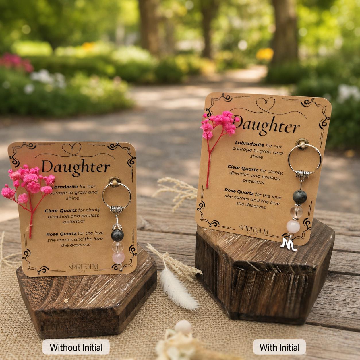 Personalised Daughter Keepsake: Labradorite, Clear Quartz, Rose Quartz Gemstone Charm