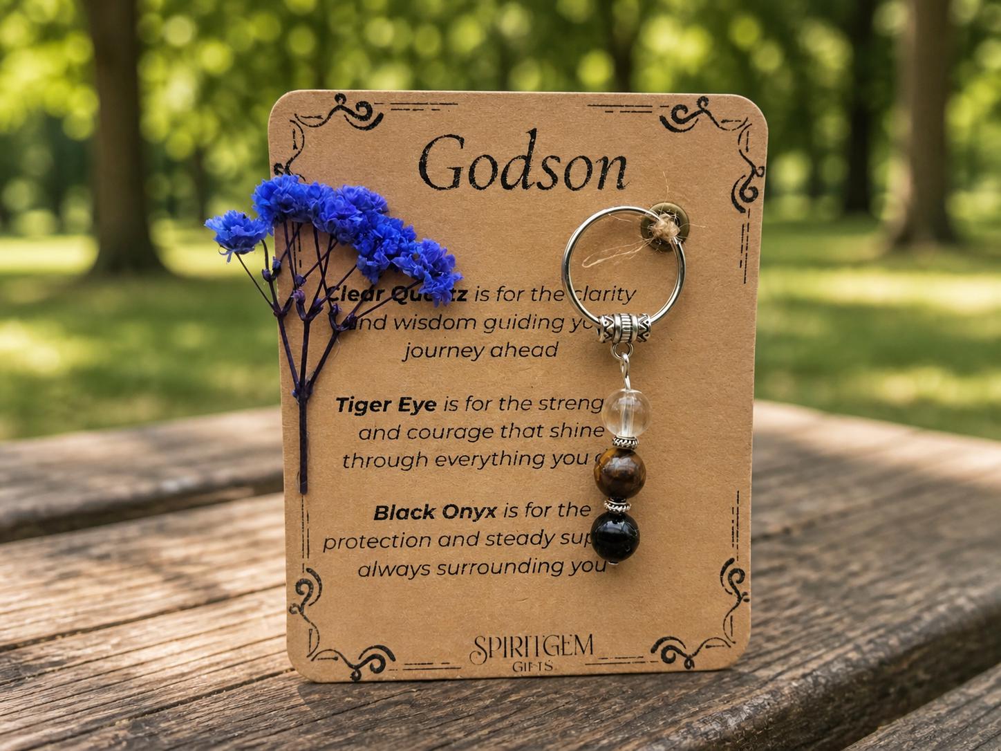 Personalised Godson Keepsake: Baptism, Christening Gift from Godparents (Clear Quartz, Tiger Eye, Black Onyx)