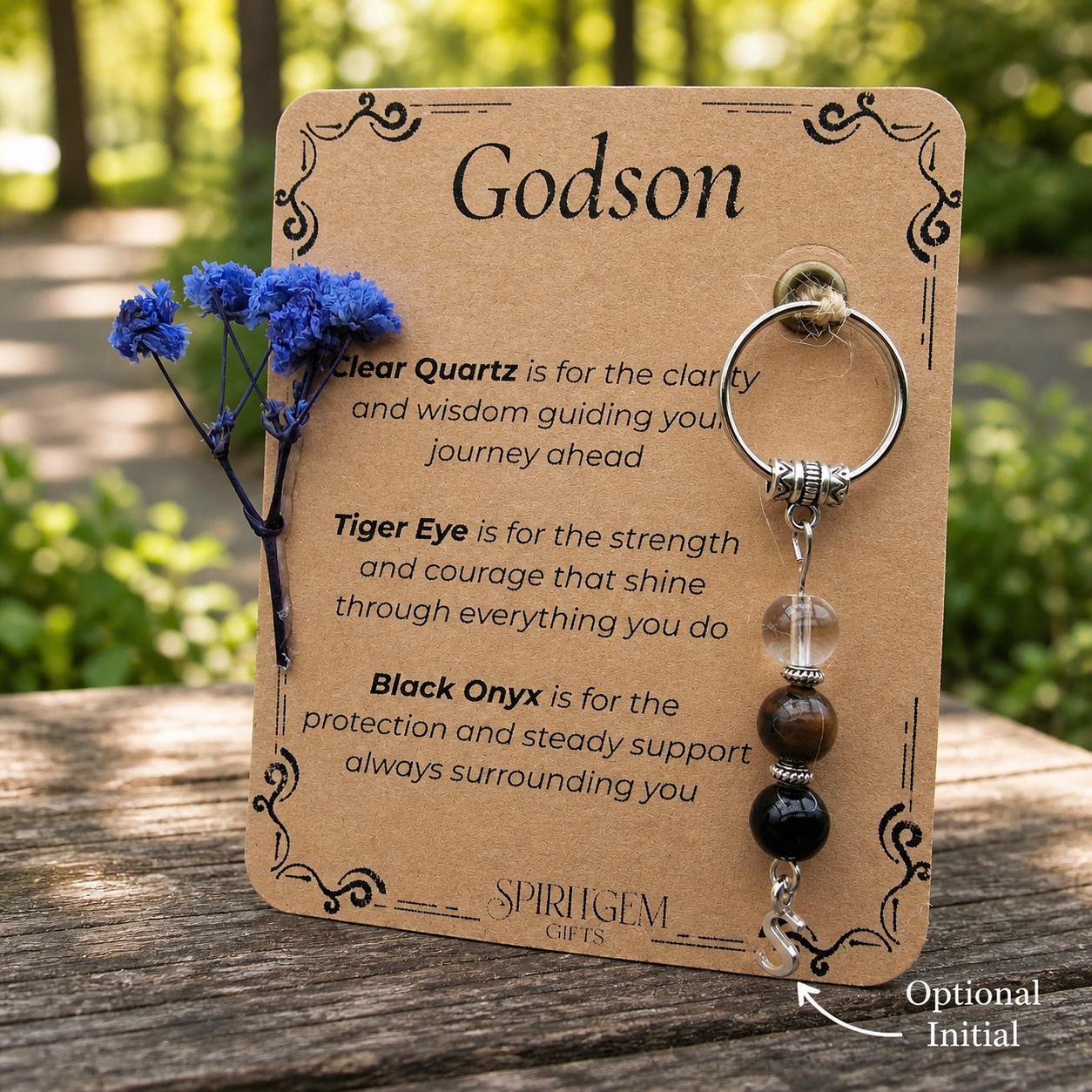 Personalised Godson Keepsake: Baptism, Christening Gift from Godparents (Clear Quartz, Tiger Eye, Black Onyx)