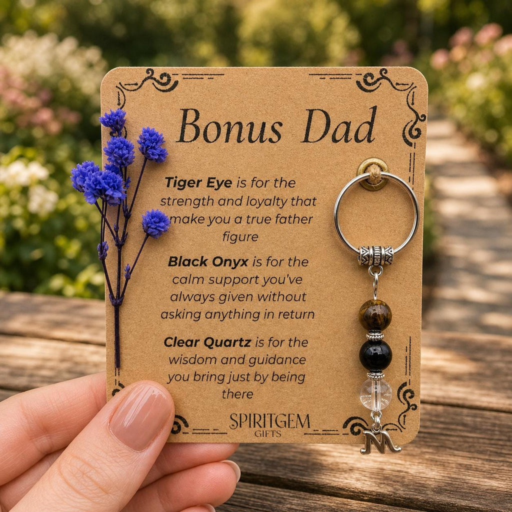 Personalised Bonus Dad Keepsake: Tiger Eye, Black Onyx, Clear Quartz Charm