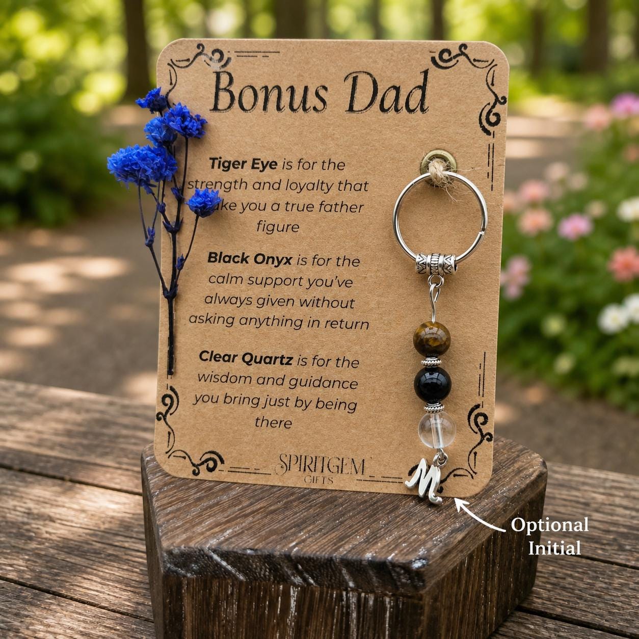 Personalised Bonus Dad Keepsake: Tiger Eye, Black Onyx, Clear Quartz Charm