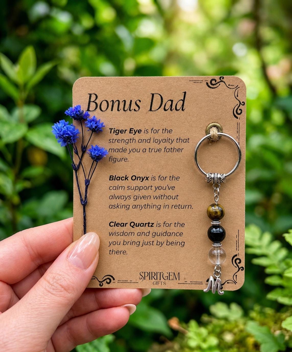 Personalised Bonus Dad Keepsake: Tiger Eye, Black Onyx, Clear Quartz Charm