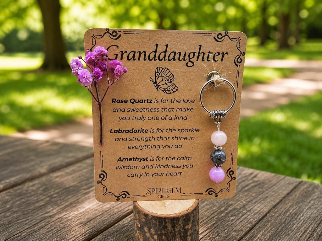 Personalised Granddaughter Crystal Keyring, Rose Quartz, Labradorite, Amethyst Keepsake
