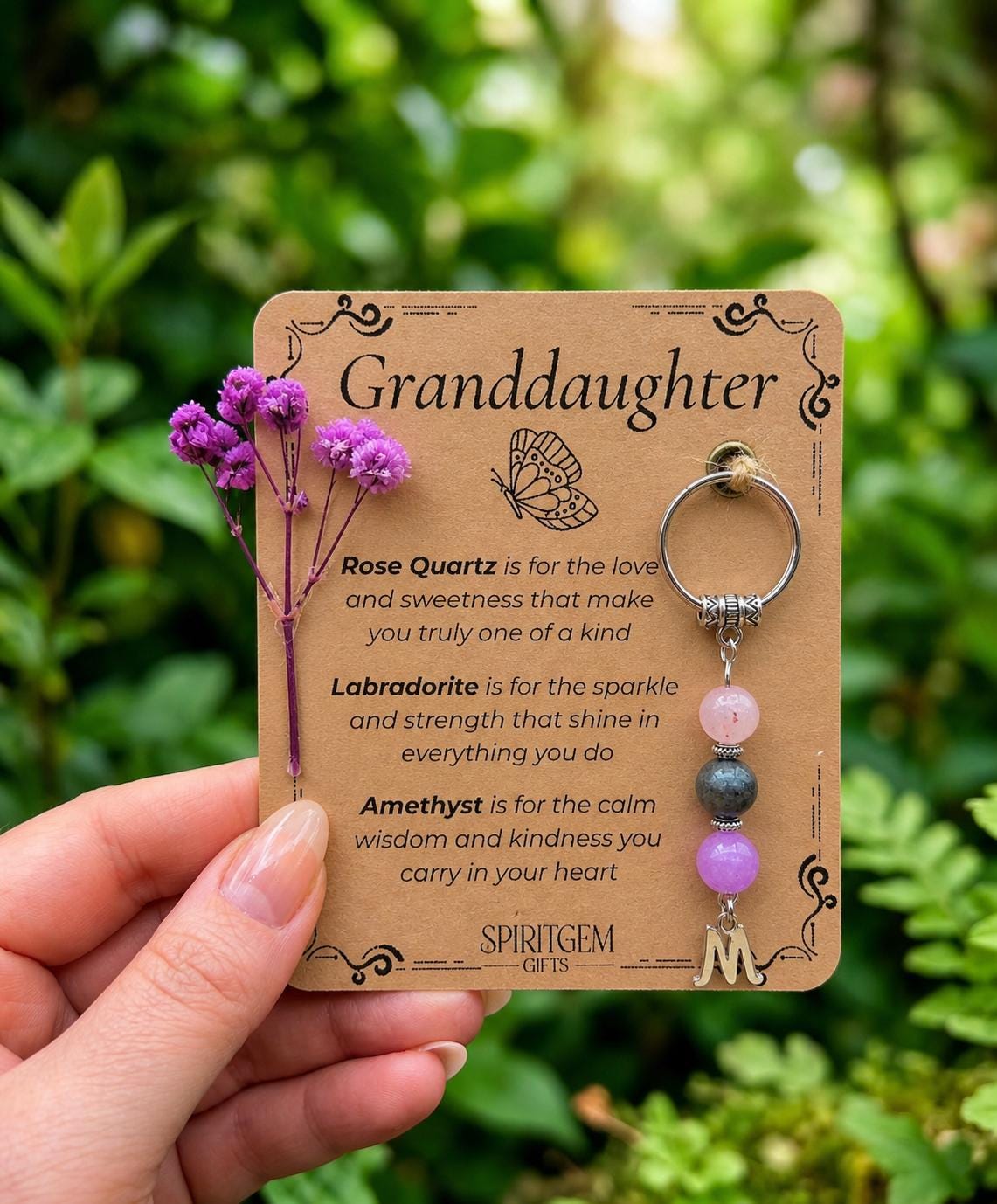 Personalised Granddaughter Crystal Keyring, Rose Quartz, Labradorite, Amethyst Keepsake