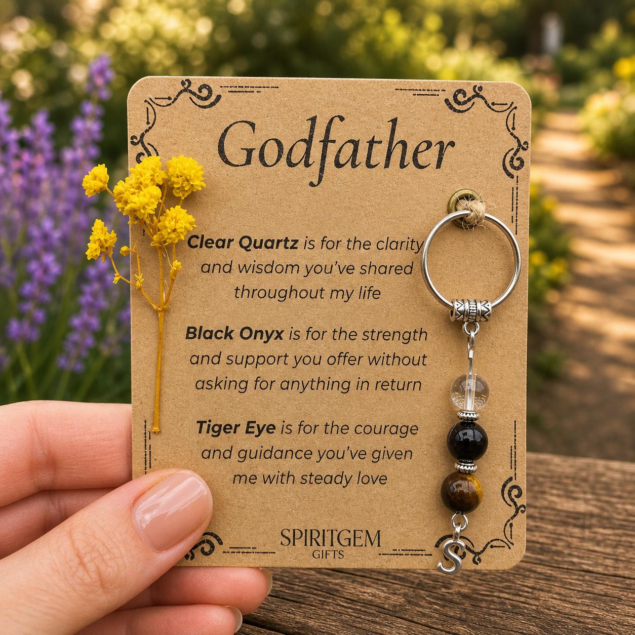 Personalised Godfather Gift Clear Quartz, Black Onyx, Tiger Eye Charm