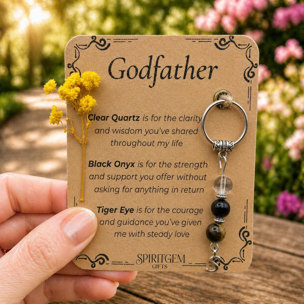 Personalised Godfather Gift Clear Quartz, Black Onyx, Tiger Eye Charm