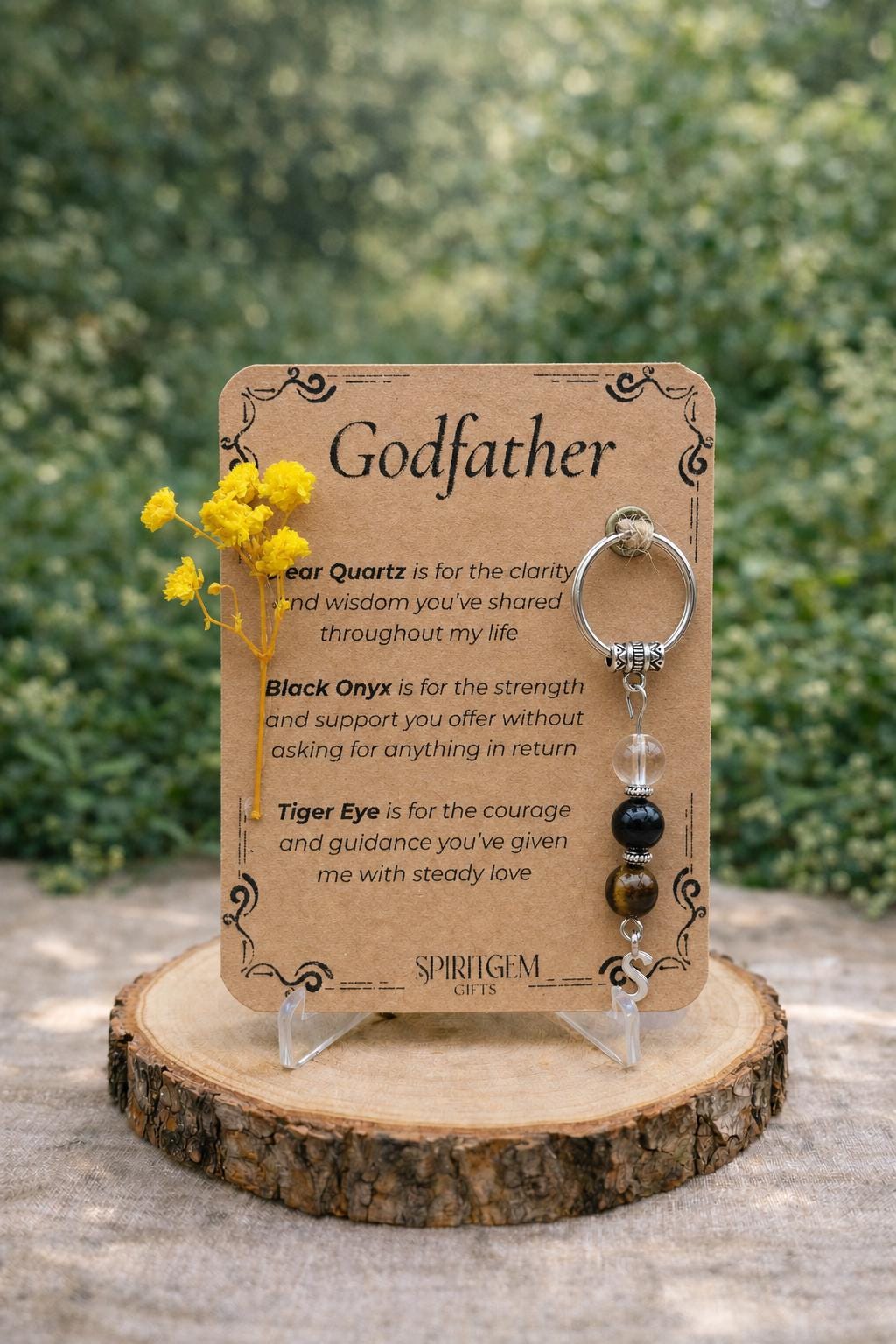 Personalised Godfather Gift Clear Quartz, Black Onyx, Tiger Eye Charm
