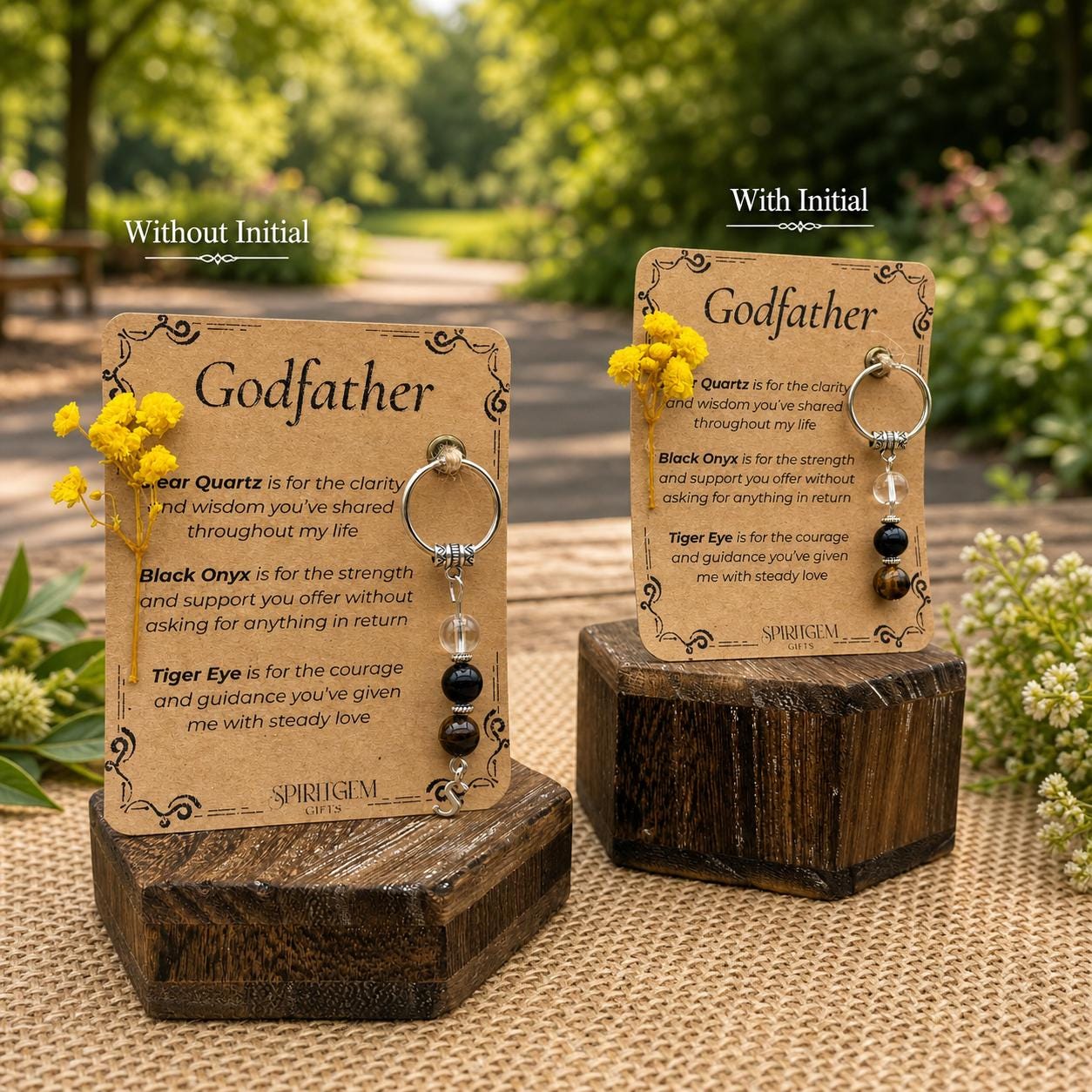 Personalised Godfather Gift Clear Quartz, Black Onyx, Tiger Eye Charm