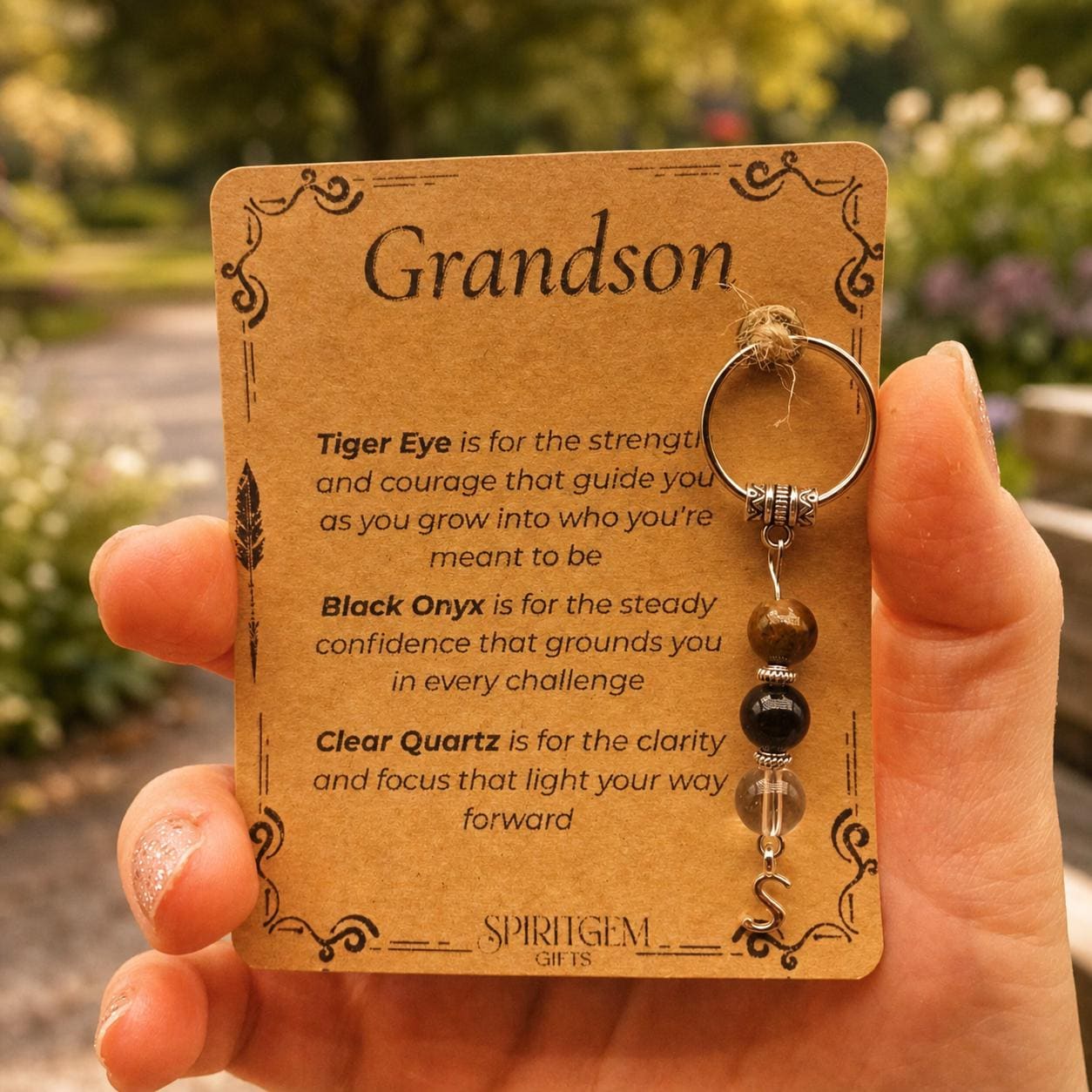 Personalised Grandson Keyring, Tiger Eye, Black Onyx, Clear Quartz, Keepsake