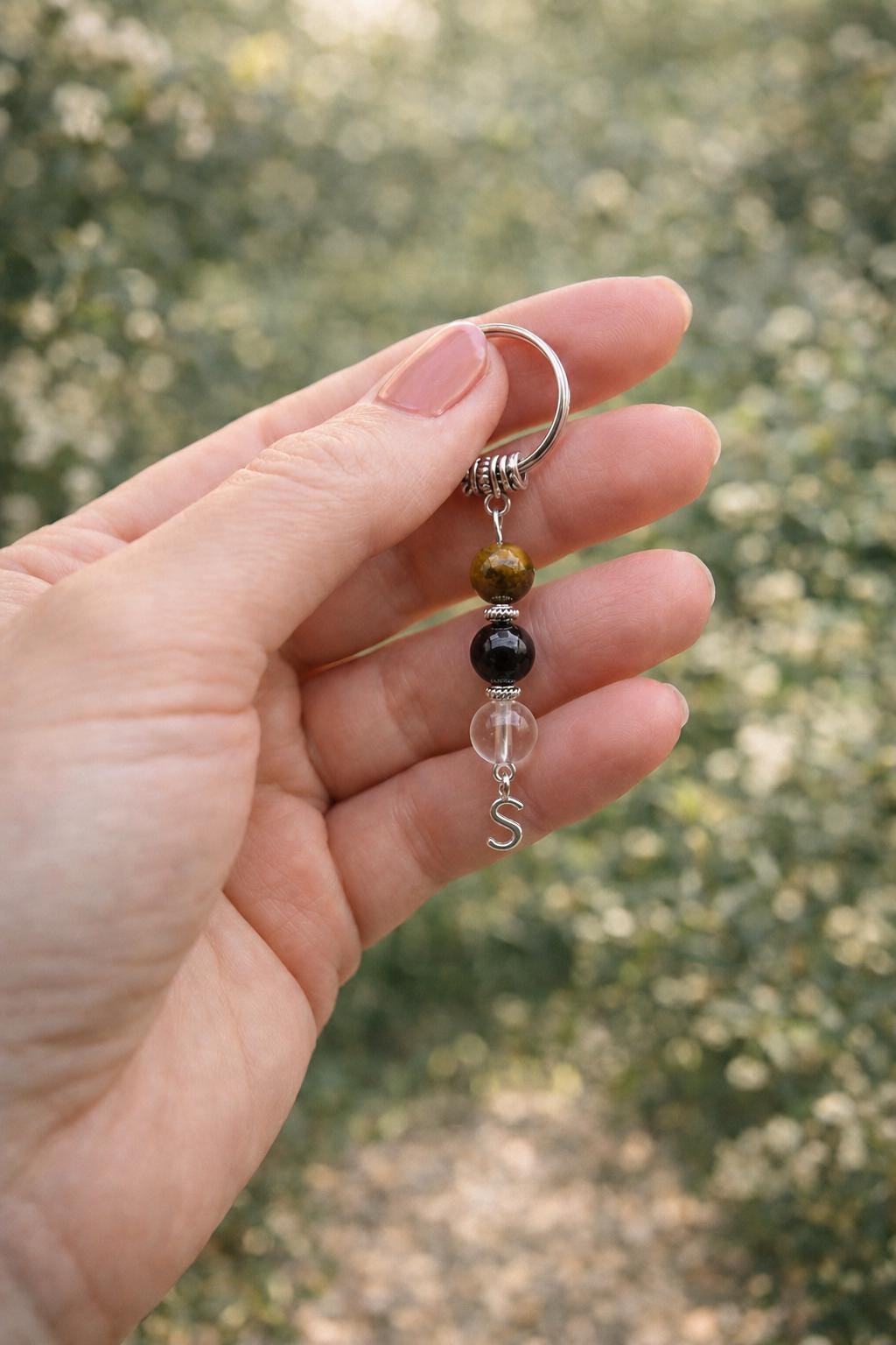 Personalised Grandson Keyring, Tiger Eye, Black Onyx, Clear Quartz, Keepsake