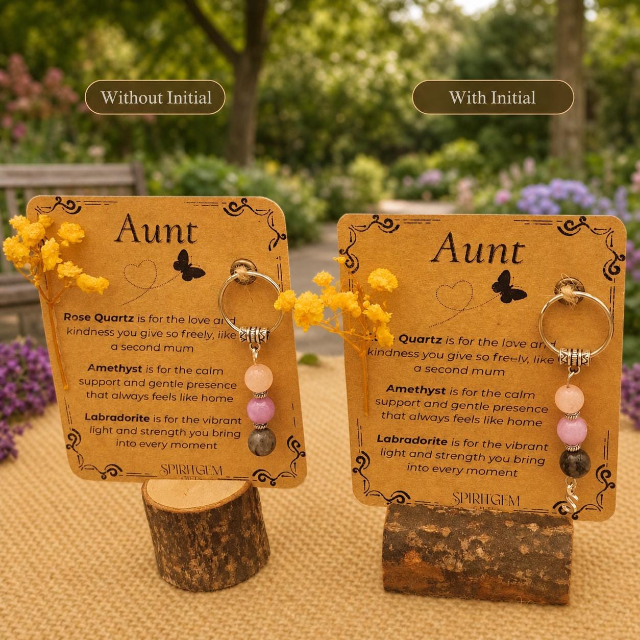 Personalised Aunt Crystal Keychain, Rose Quartz, Amethyst, Labradorite Keepsake