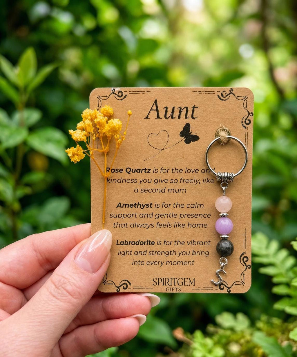 Personalised Aunt Crystal Keychain, Rose Quartz, Amethyst, Labradorite Keepsake