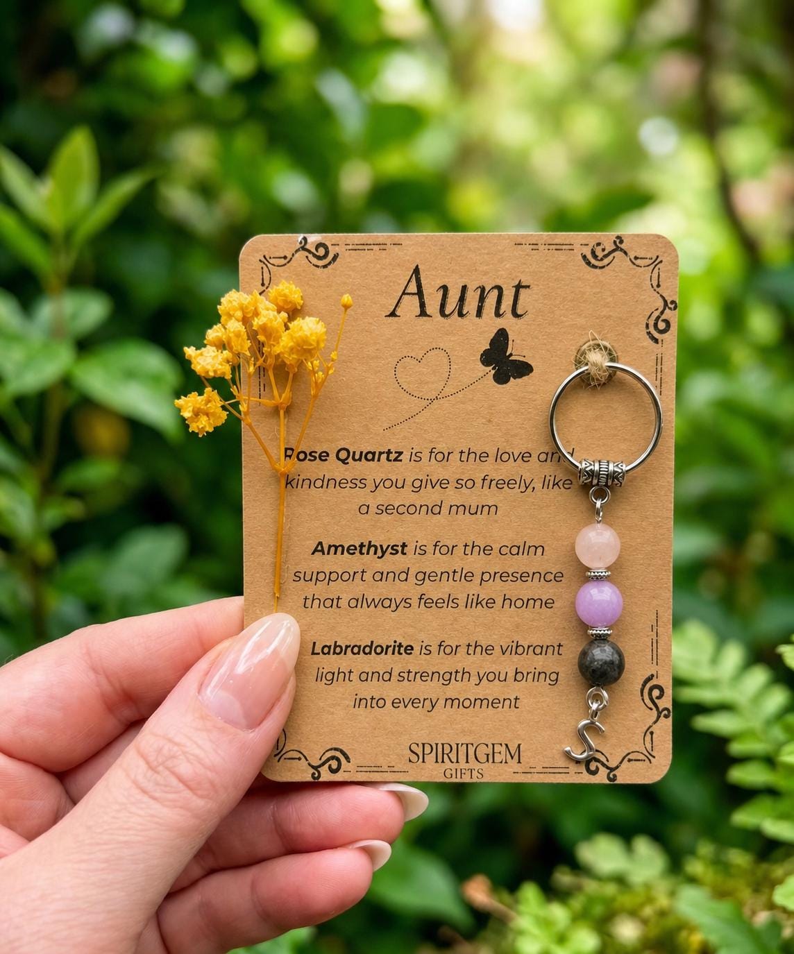 Personalised Aunt Crystal Keychain, Rose Quartz, Amethyst, Labradorite Keepsake