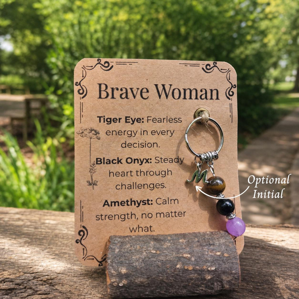 Personalized Brave Woman Gemstone Keyring: Tiger Eye, Onyx, Amethyst
