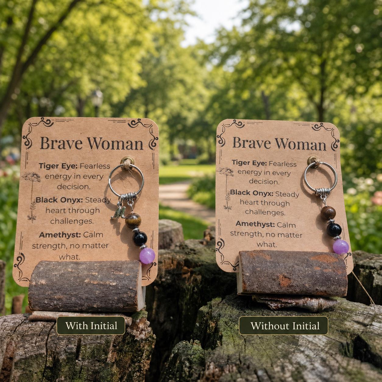 Personalized Brave Woman Gemstone Keyring: Tiger Eye, Onyx, Amethyst