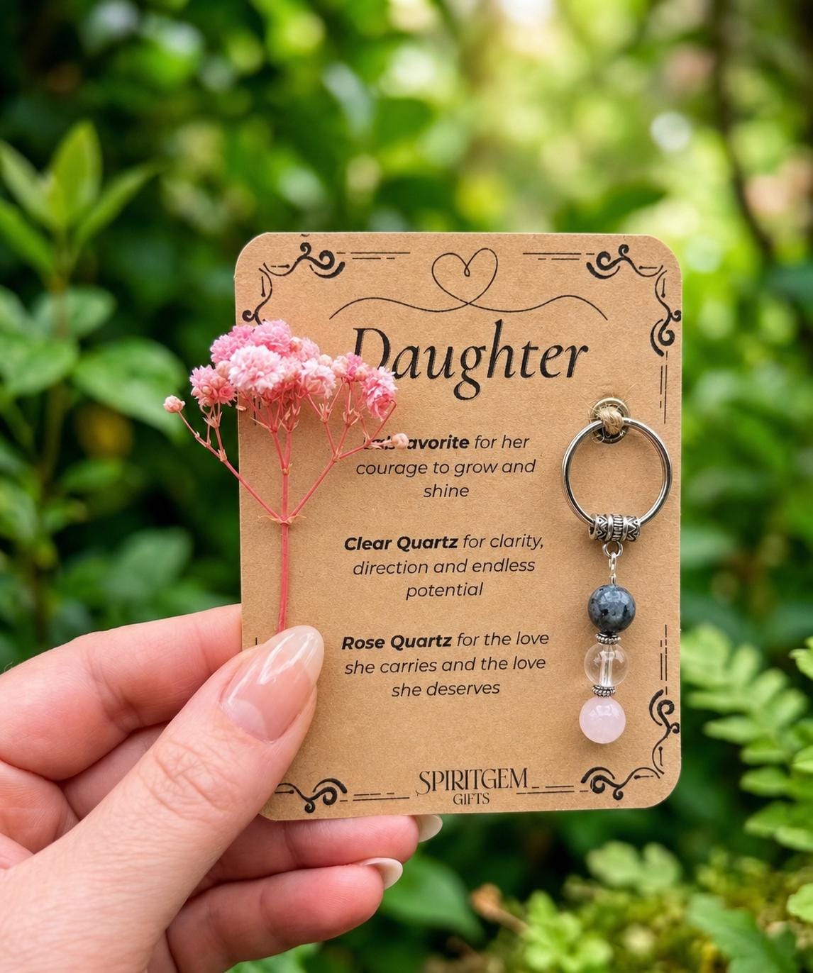 Personalised Daughter Crystal Keyring, Labradorite, Clear Quartz, Rose Quartz, Keepsake