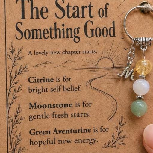 PERSONALISED NEW BEGINNINGS Crystal Keyring, Fresh Start Gift with Illustrated Keepsake Card