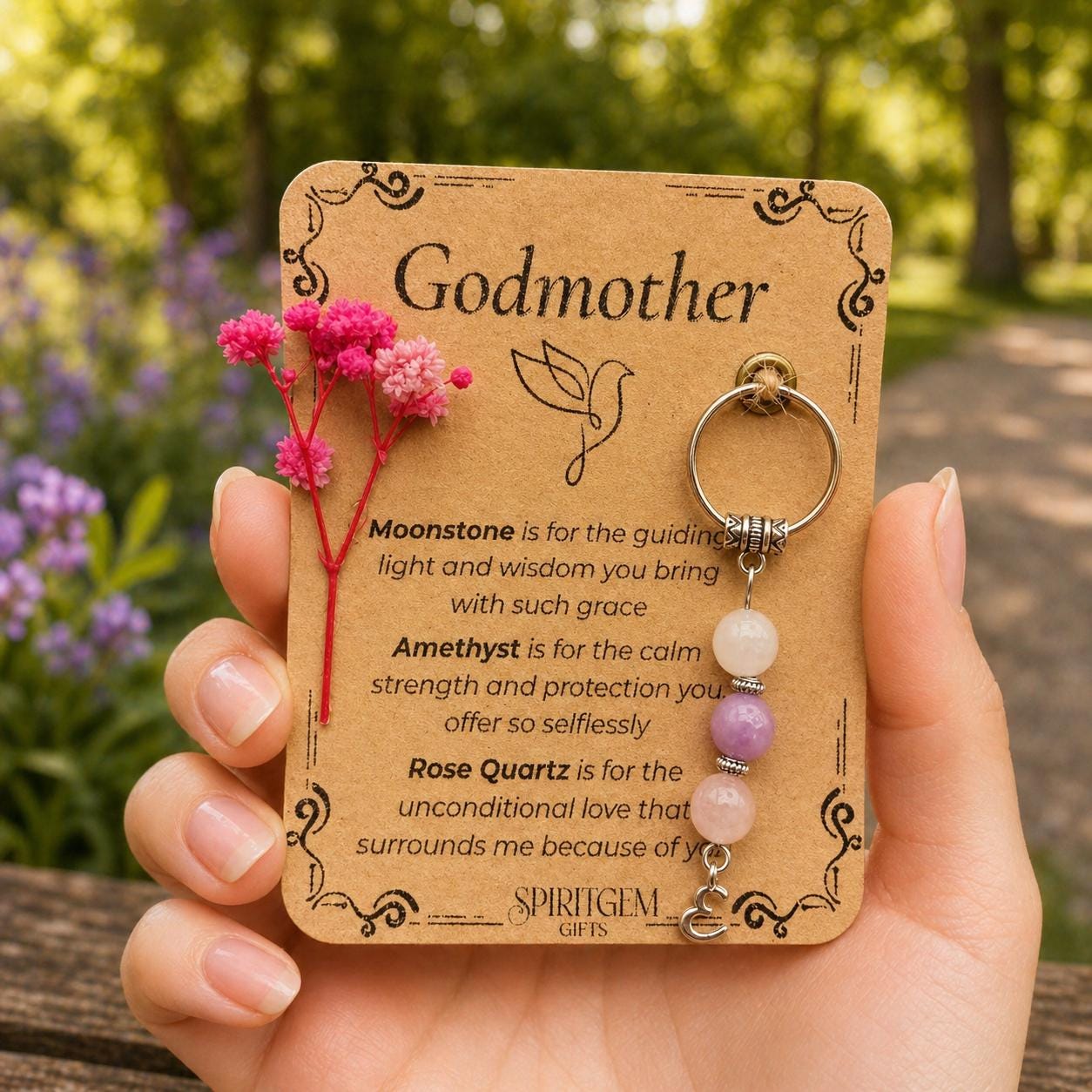 Personalised Godmother Crystal Keyring, Moonstone Amethyst Rose Quartz Gift