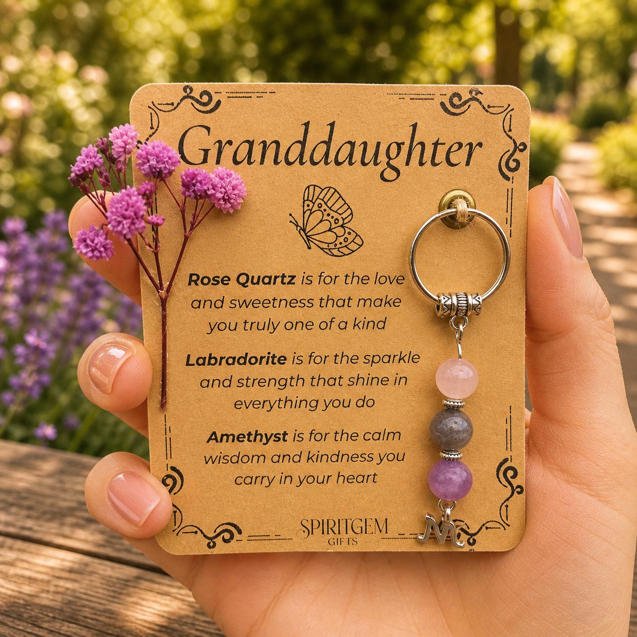 Personalised Granddaughter Crystal Keyring, Rose Quartz, Labradorite, Amethyst Keepsake