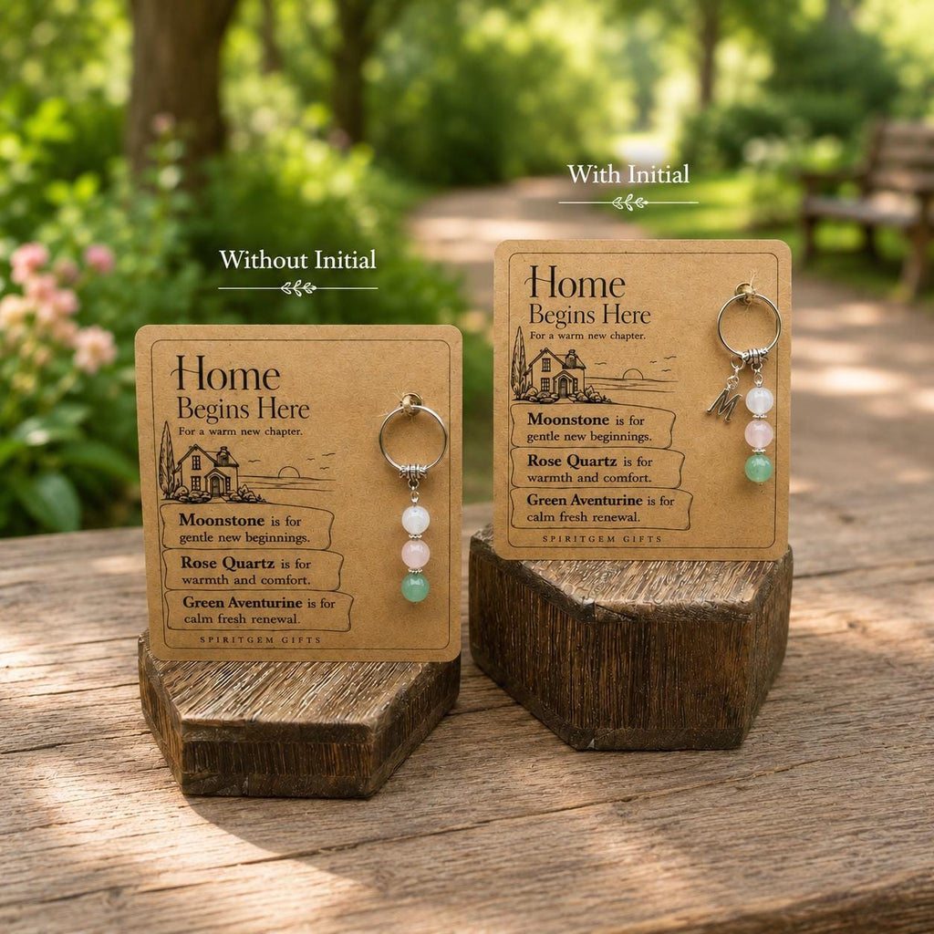 PERSONALISED MOVING HOME Crystal Keyring, New Home Gift with Illustrated Keepsake Card