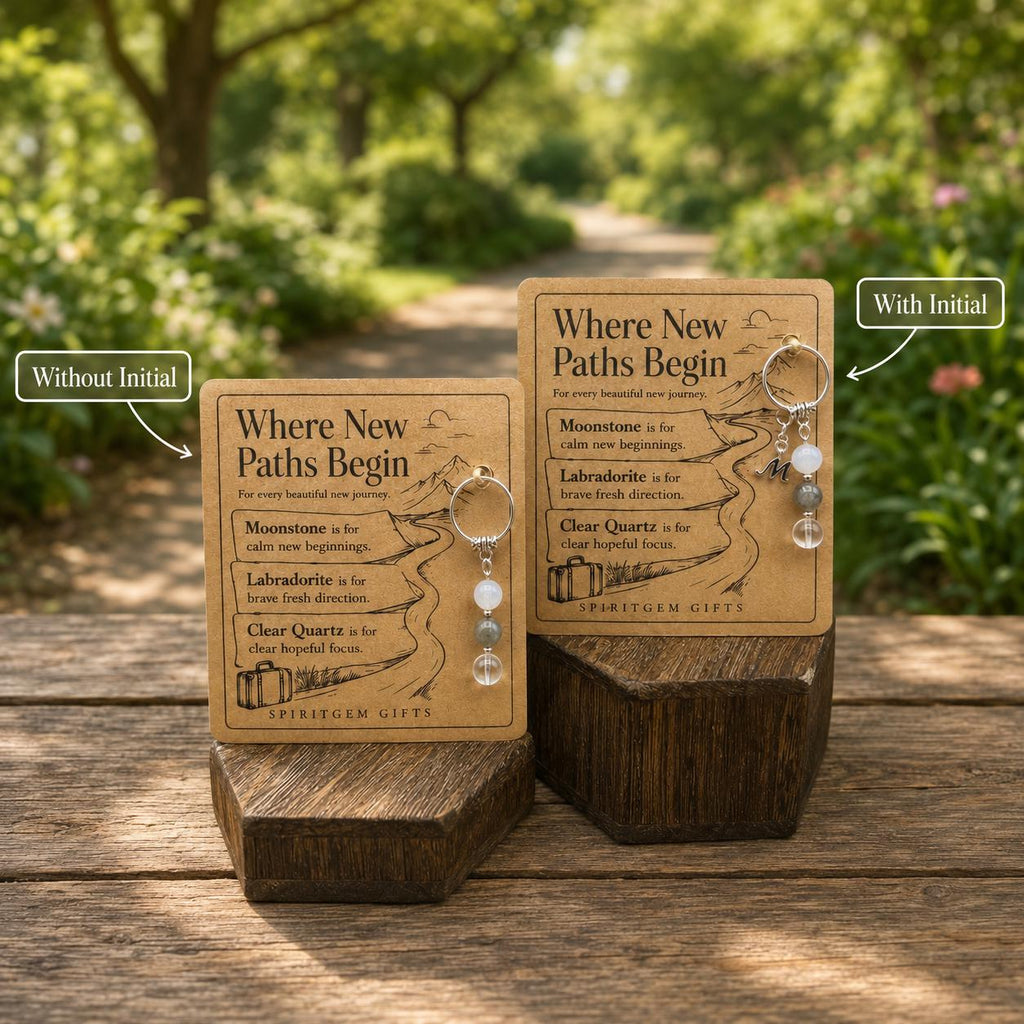 PERSONALISED NEW ADVENTURE Crystal Keyring, Travel and moving Gift with Illustrated Keepsake Card