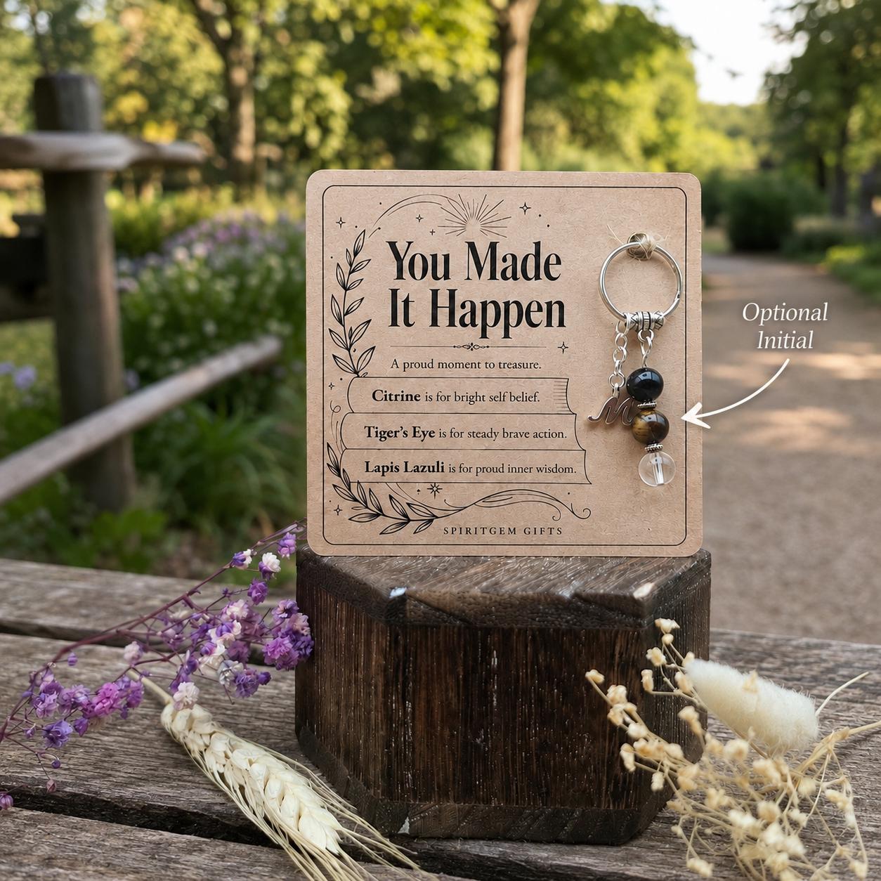 PERSONALISED CONGRATULATIONS Crystal Keyring, You Did It Gift with Illustrated Keepsake Card