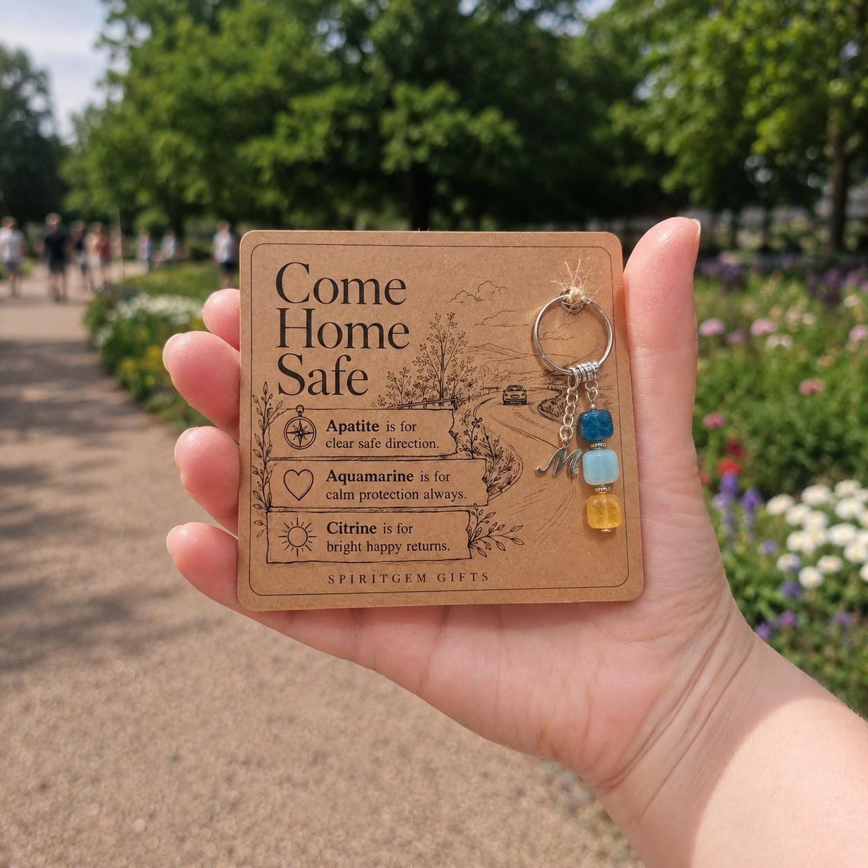 Personalised Come Home Safe Crystal Keyring, Apatite Aquamarine Citrine Charm