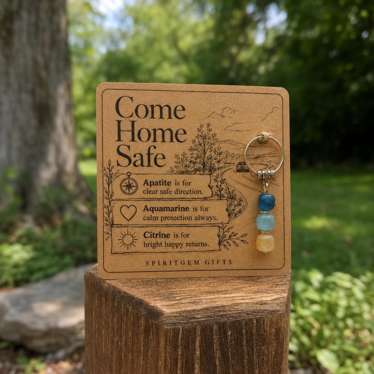 Personalised Come Home Safe Crystal Keyring, Apatite Aquamarine Citrine Charm