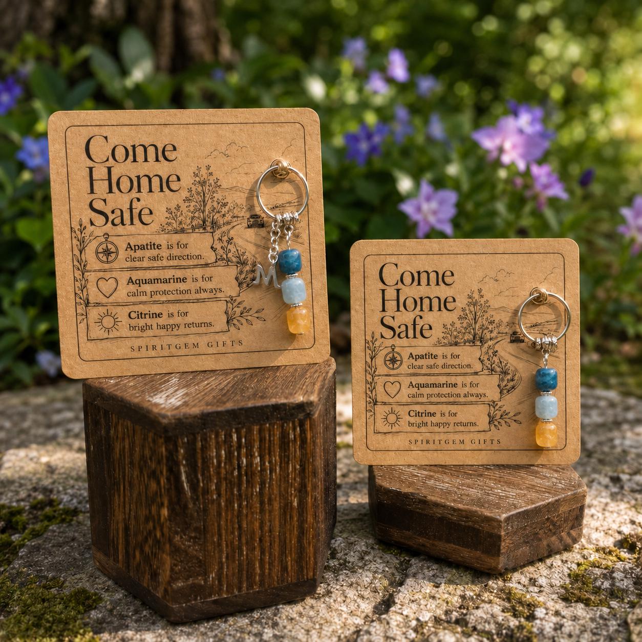 Personalised Come Home Safe Crystal Keyring, Apatite Aquamarine Citrine Charm