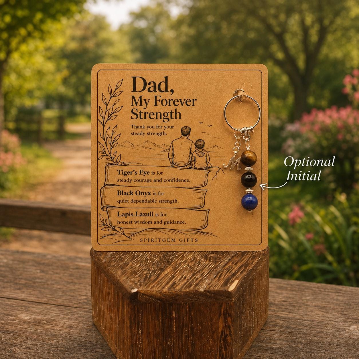 Personalised Dad Strength Crystal Keyring with Illustrated Keepsake Card, Fathers Day Gift