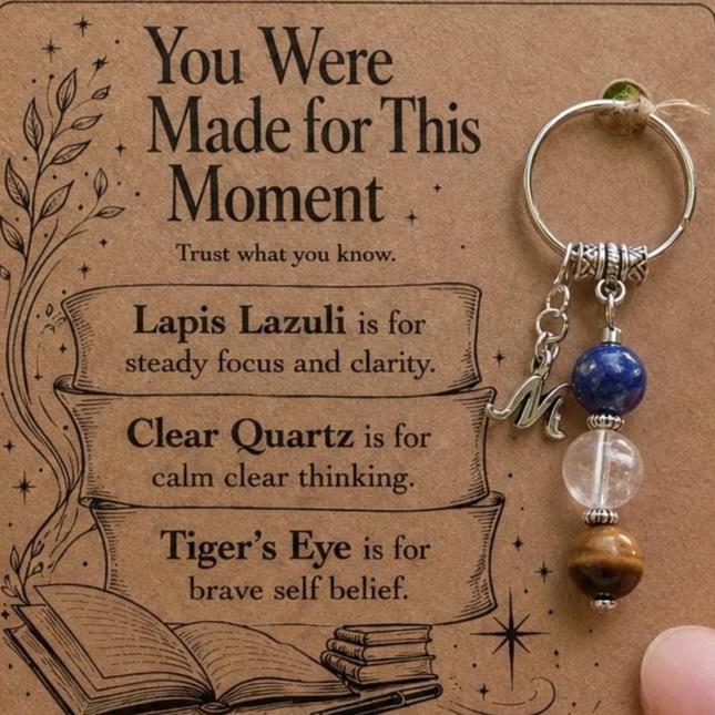 Good Luck Exams Gift, GCSE Crystal Keyring with Illustrated 'Made for This Moment' Card