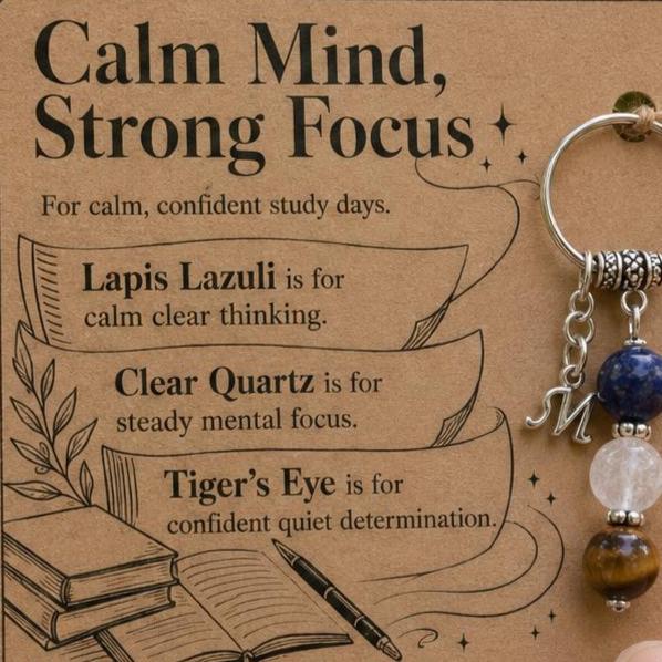 Driving Test Good Luck Gift, Calm Crystal Keyring with Illustrated 'Calm Mind, Strong Focus' Card