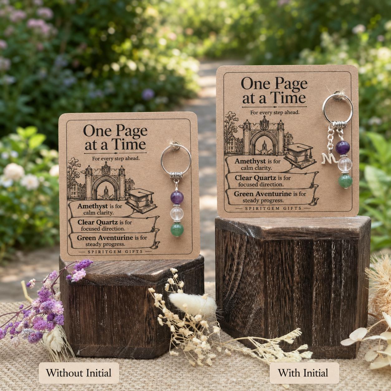 Starting University Gift, Freshers Crystal Keyring with Illustrated 'One Page at a Time' Card