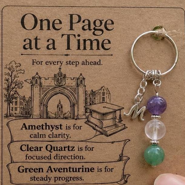 Starting University Gift, Freshers Crystal Keyring with Illustrated 'One Page at a Time' Card
