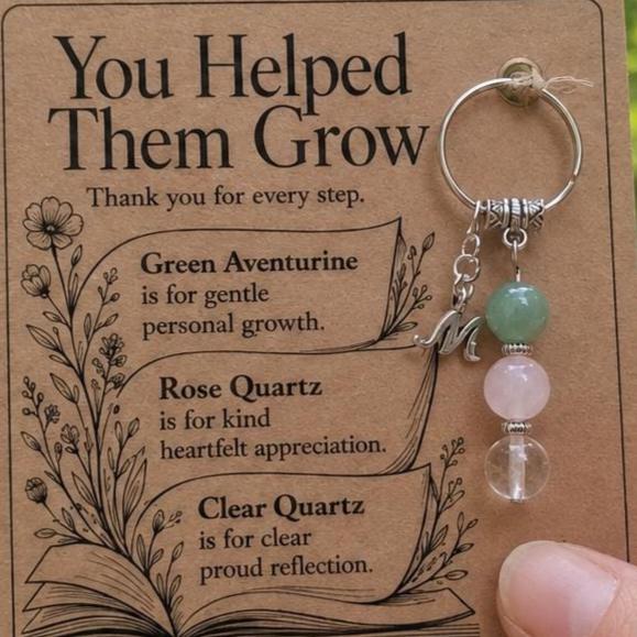 TEACHER THANK YOU Crystal Keyring, Personalised End of Term Gift with Illustrated Keepsake Card
