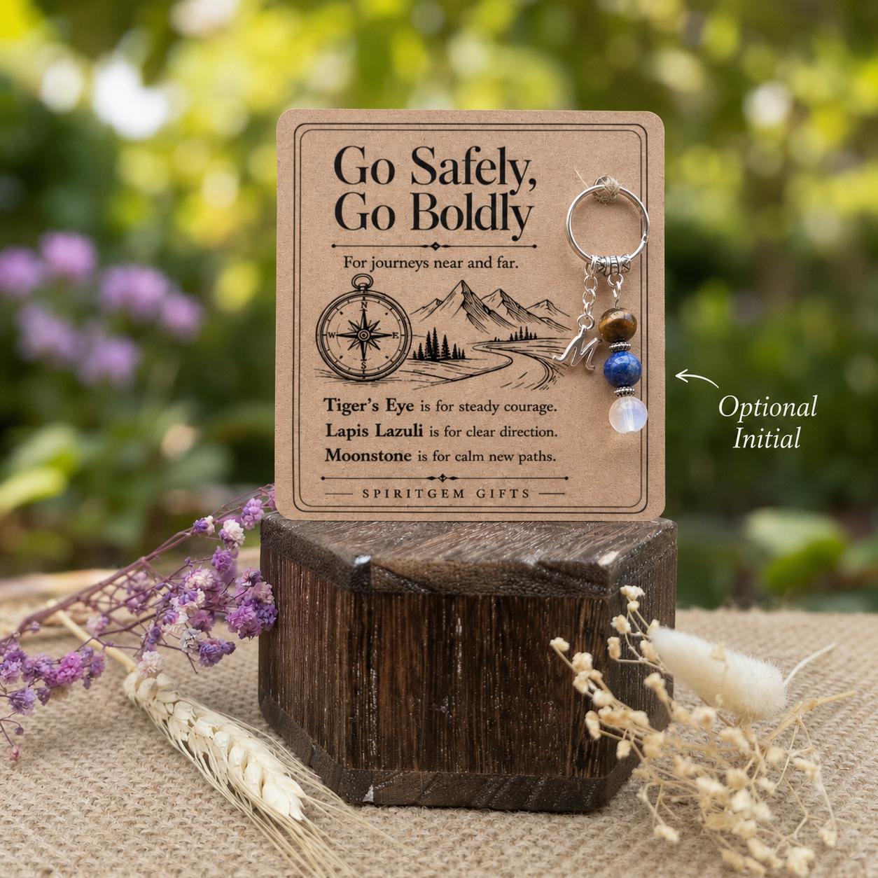 Safe Travels Gift, Crystal Keyring with Illustrated 'Go Safely, Go Boldly' Card