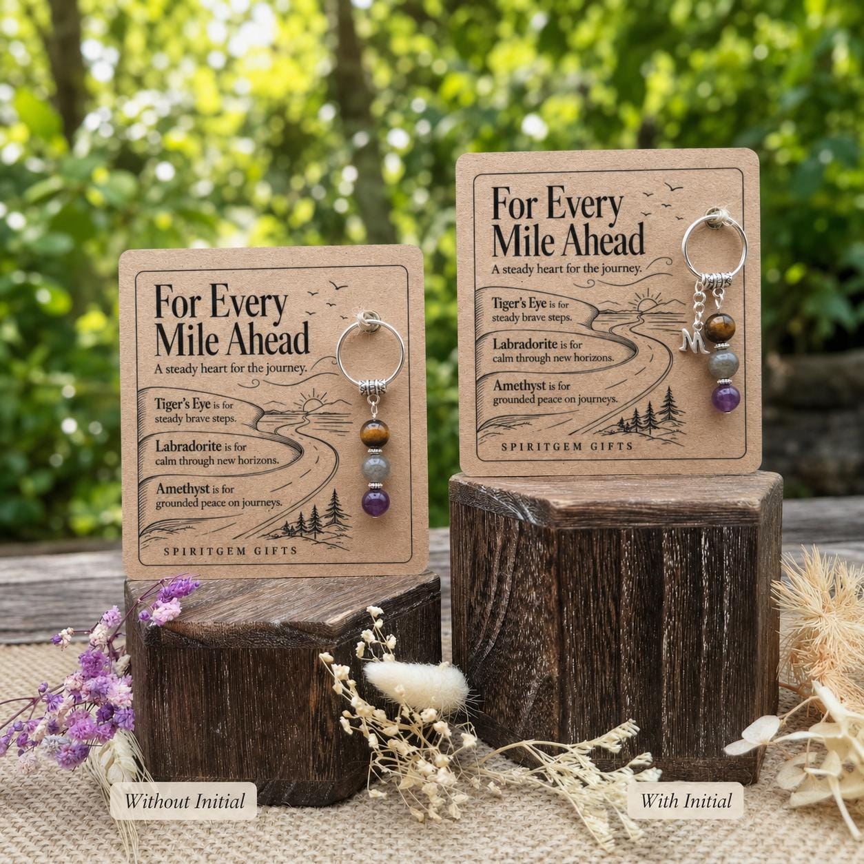 Gap Year Gift, Backpacking Crystal Keyring with Illustrated 'For Every Mile Ahead' Card